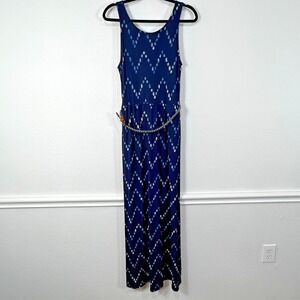 Merona Maxi Dress Blue Chevron Print Belt Sleeveless Jersey Women's Small NWT